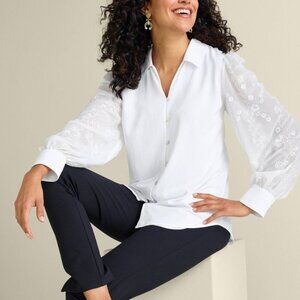 Soft Surroundings Sz 1X Womens White Blouse Shirt Long Embroidered Sheer Sleeves